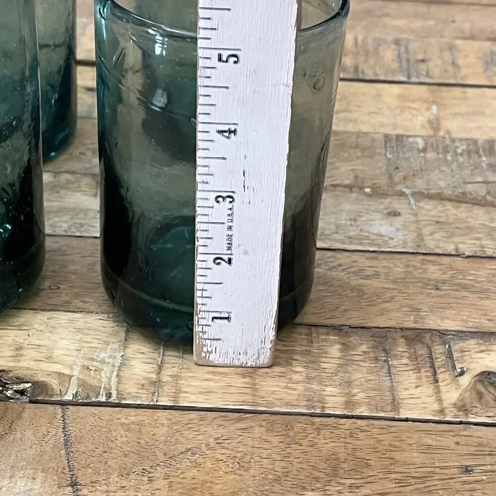 Hand blown Glass Tumblers Set of 4 Clear Teal Blue Bubble Design